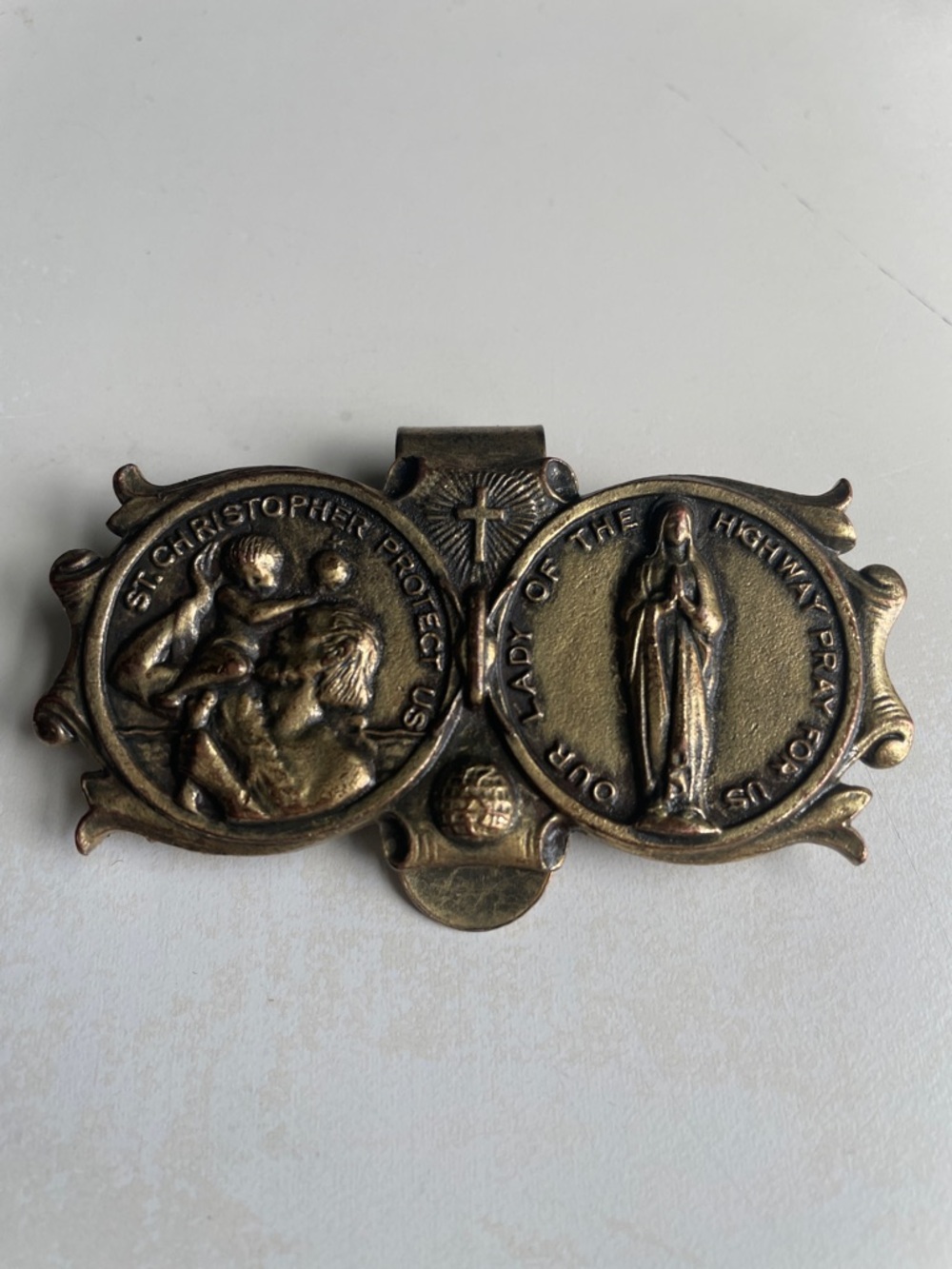 Religious Bronze-Tone Car Visor Clip - St. Christopher & Our Lady - Picture 1 of 6